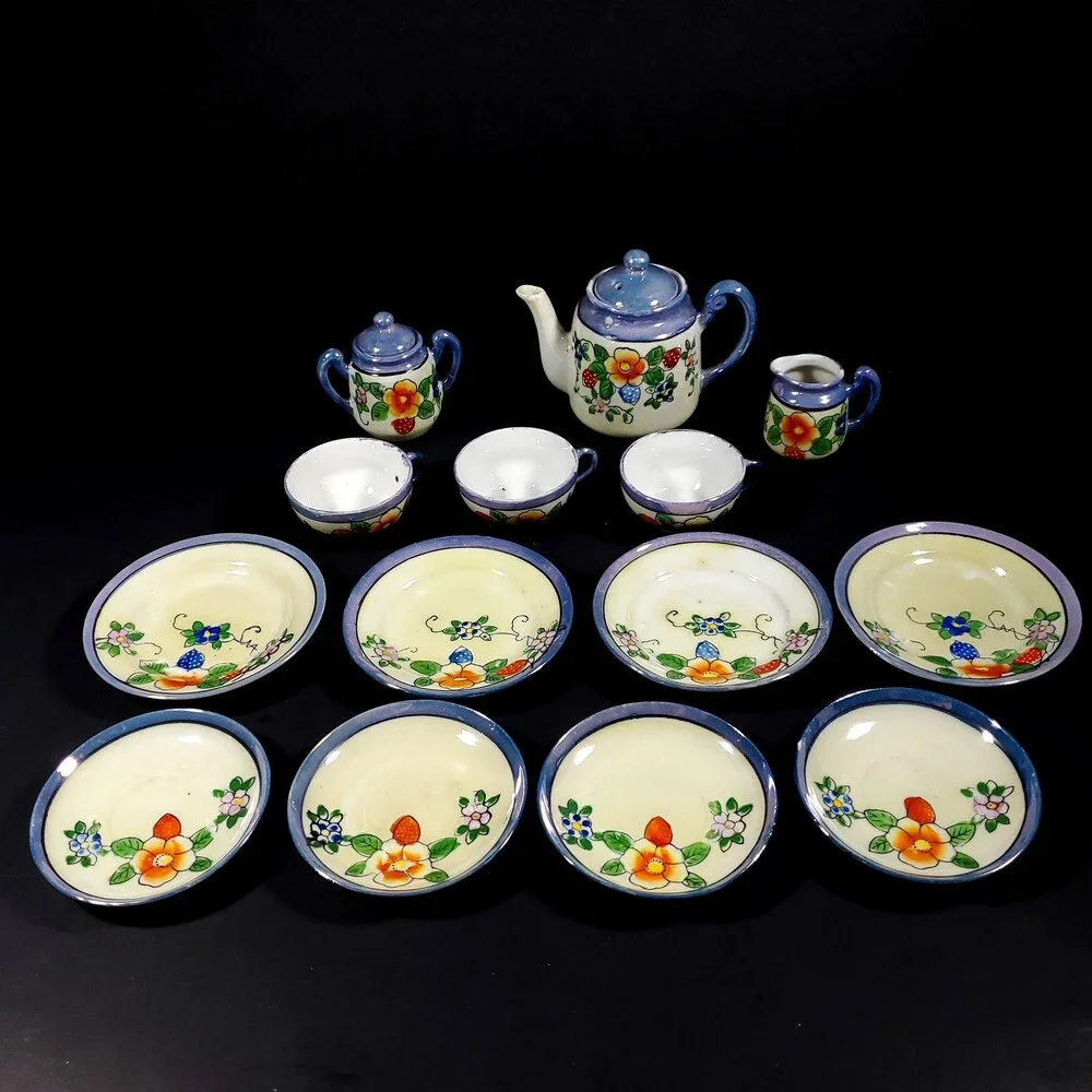 Vintage 1950s Japanese Lusterware Tea Set 17 pieces blue rim orange blue flowers